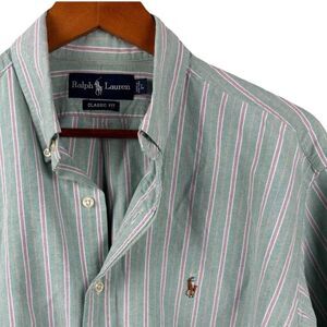 Ralph Lauren Dress shirt Men Large Green Purple Stripe - MultiPony Cotton Button
